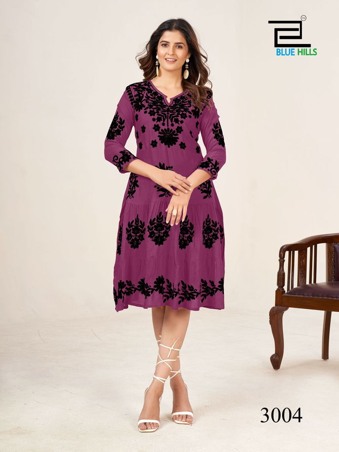 Kiara Black By Blue Hills Rayon Lucknowi Work Designer Kurtis Wholesale Online
